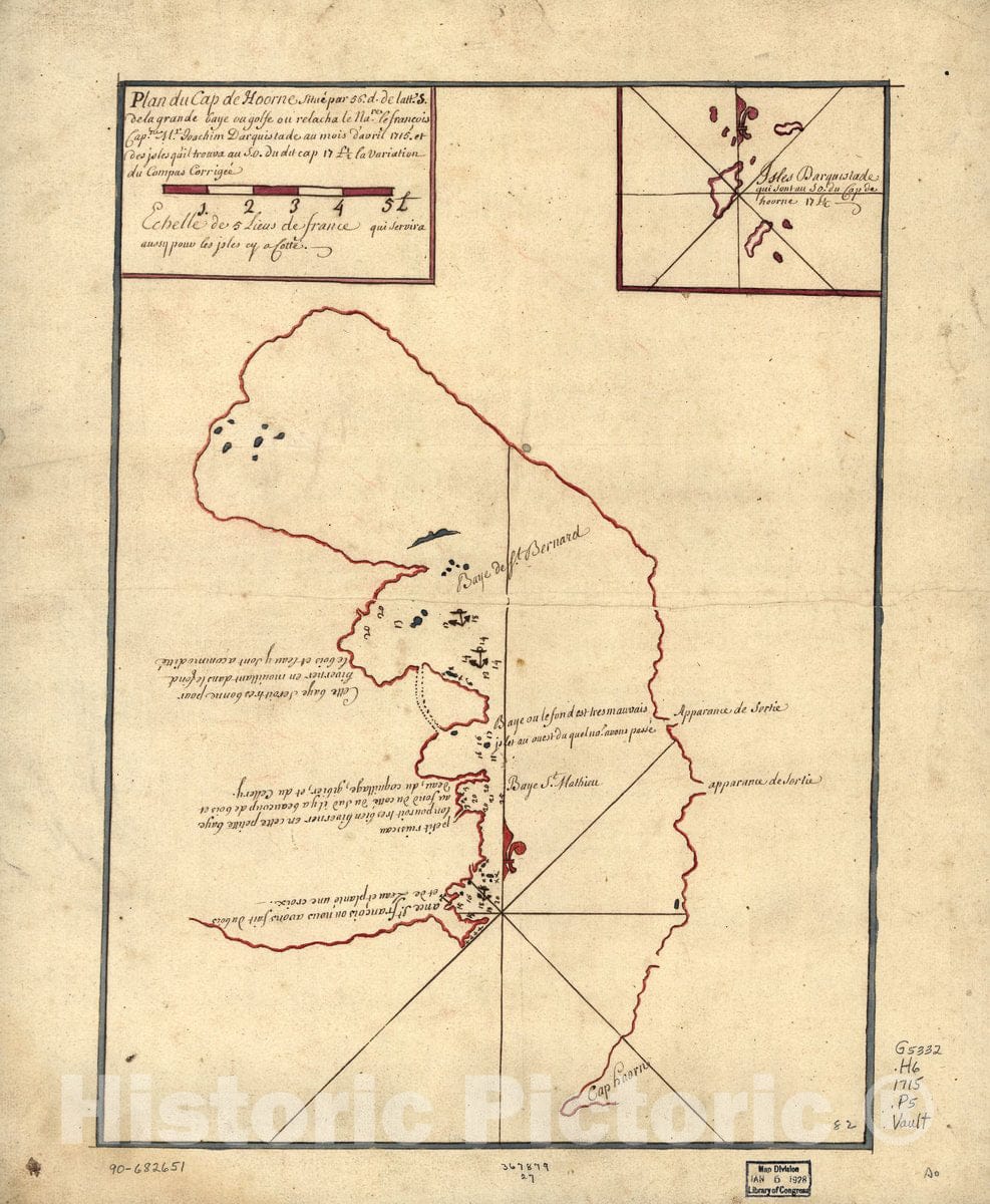 Historic 1715 Map - Plan du Cap de Hoorne situÃ© par 56. d. de latt. S. de la Grande Baye ou golfe ou relacha le Nare. le franÃ§ois Capne. Mr. Ioachim Darquistade au Mois d'avril 1715