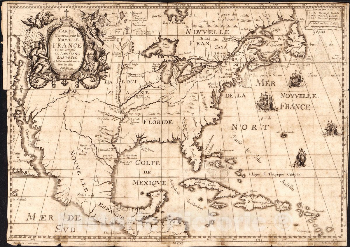 Historic 1691 Map - Carte generalle de la Nouvelle France ou est compris la Lovisiane, Gaspesie et le Nouueau Mexique auec les Isles Antilles, dressee sur les memoires les Plus nouueaux