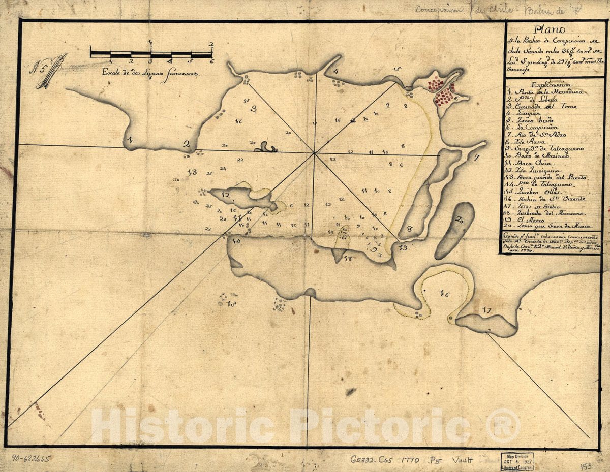 Historic 1770 Map - Plano de la BahÃ­a de CompcessiÃ³n de Chile situado en Los 36 gs. 40 ms. de latd. S y en longd. de 297 gs. 40 ms. mro. The sic Thenerife