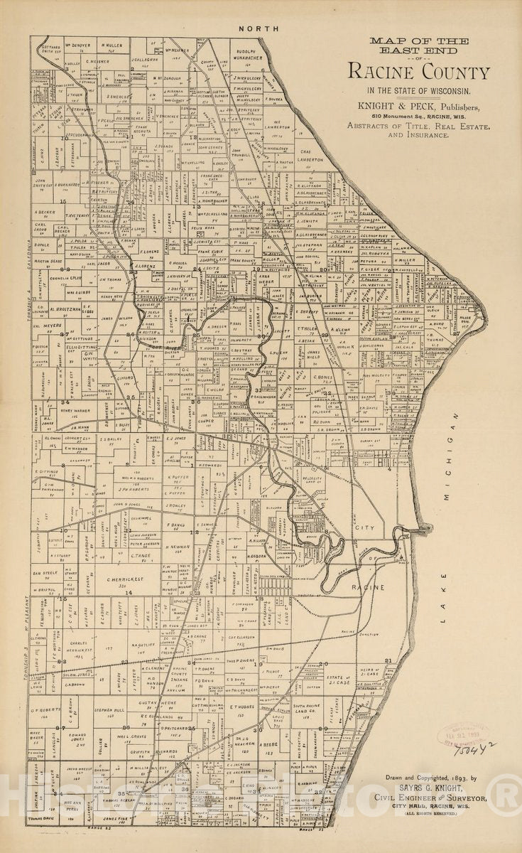 Historic 1893 Map - Map of The East end of Racine County in The State of Wisconsin