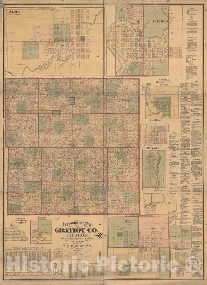 Historic 1876 Map - Topographic map of Gratiot Co, Michigan