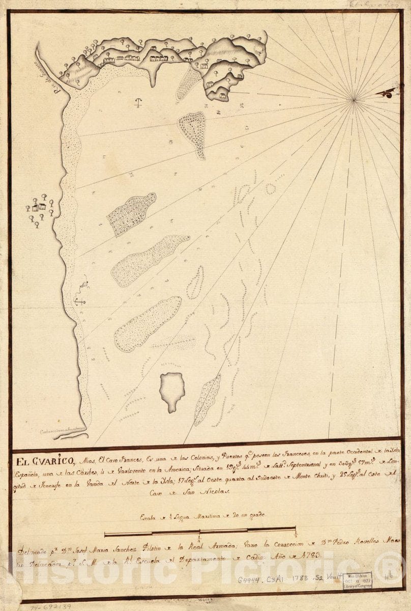 Historic 1783 Map - El Guarico, Alias, el cavo Frances, ES UNA de las colonias y puertos qe. poseen Los Franceses en la Parte Occidental de la Ysla EspaÃ±ola