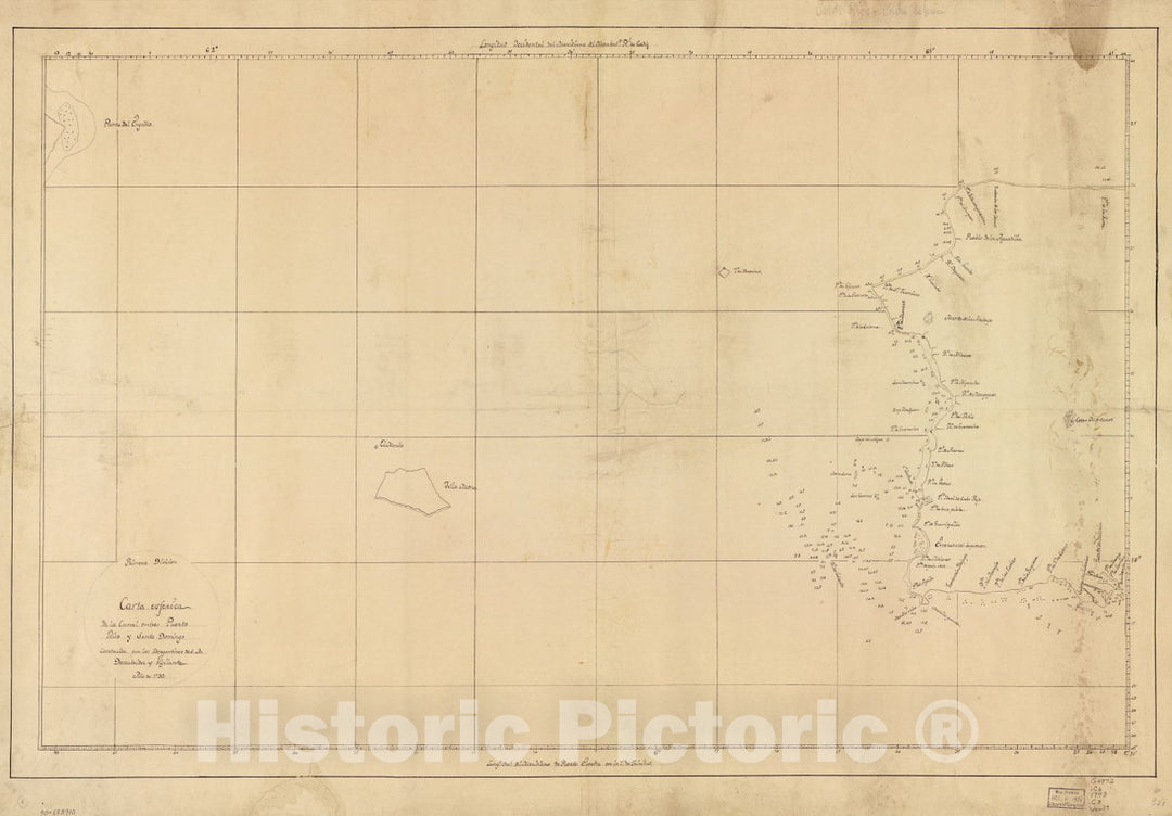 Historic 1793 Map - Carta esfÃ©rica de la Canal Entre Puerto Rico y Santo Domingo