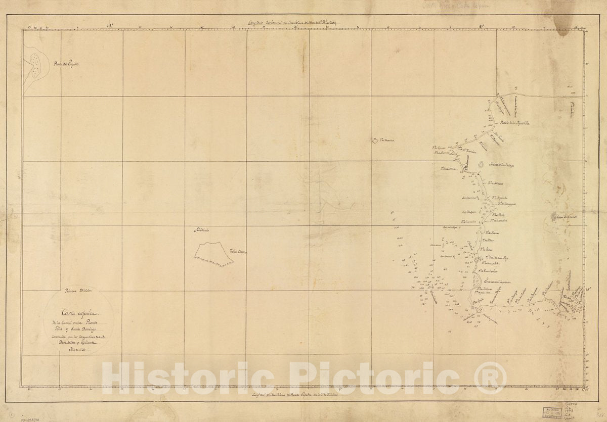 Historic 1793 Map - Carta esfÃ©rica de la Canal Entre Puerto Rico y Santo Domingo