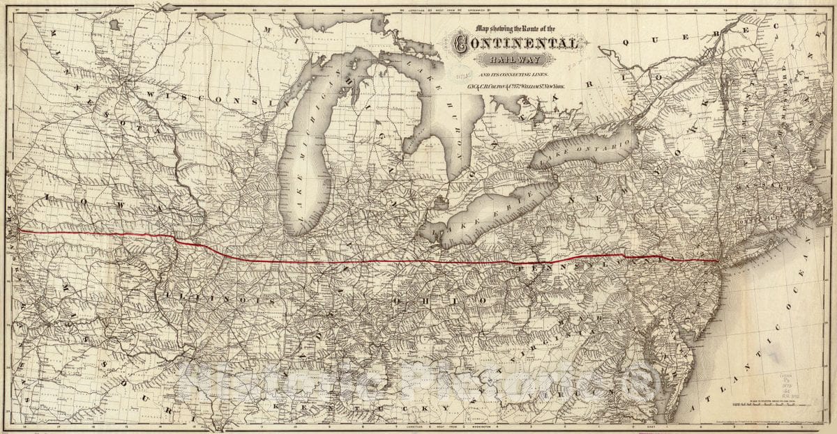 Historic 1873 Map - Map Showing The Route of The Continental Railway and its Connecting Lines.