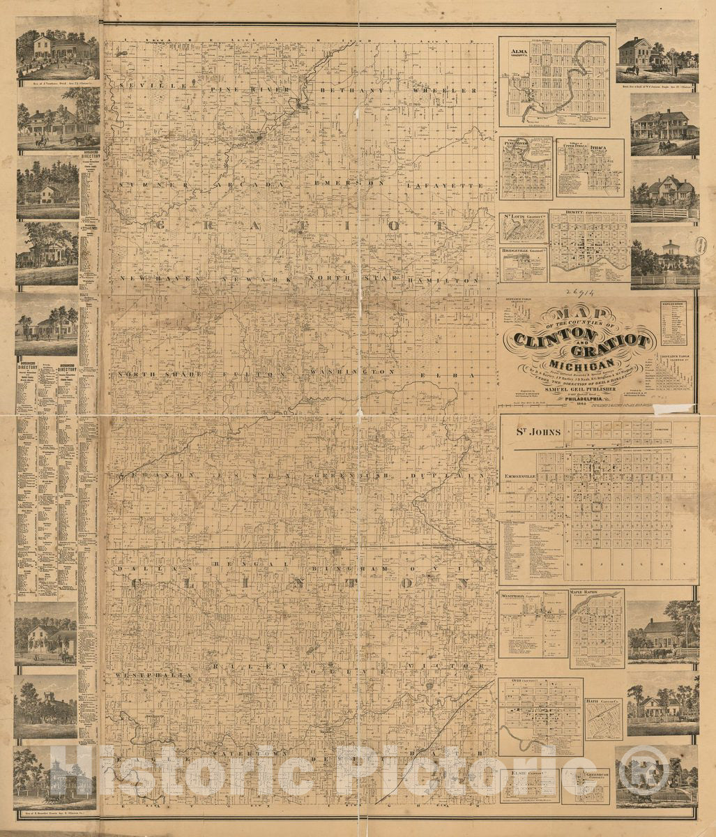 Historic 1864 Map - Map of The Counties of Clinton and Gratiot, Michigan