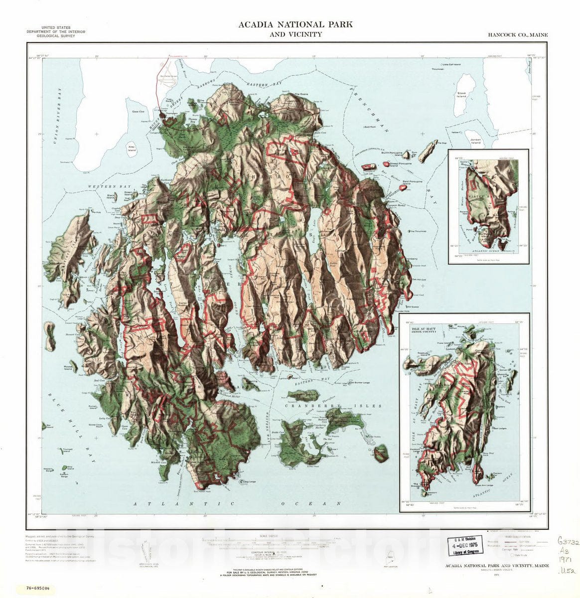 Historic 1971 Map - Acadia National Park and Vicinity, Hancock Co, Maine.