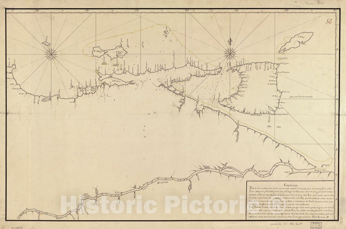 Historic 1700 Map - Map of Northeastern Coast of Venezuela Including Trinidad and Tobago Islands