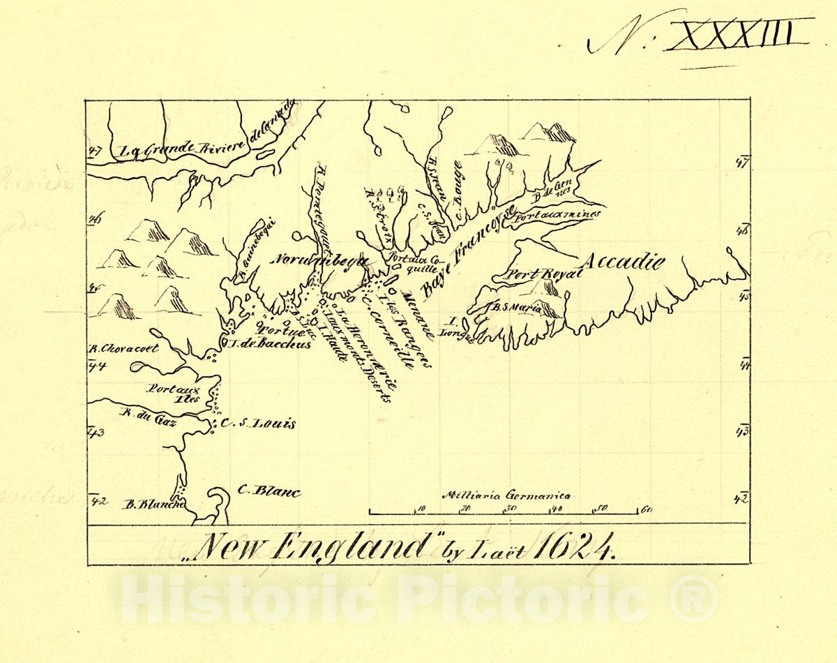 Historic 1624 Map - New England.