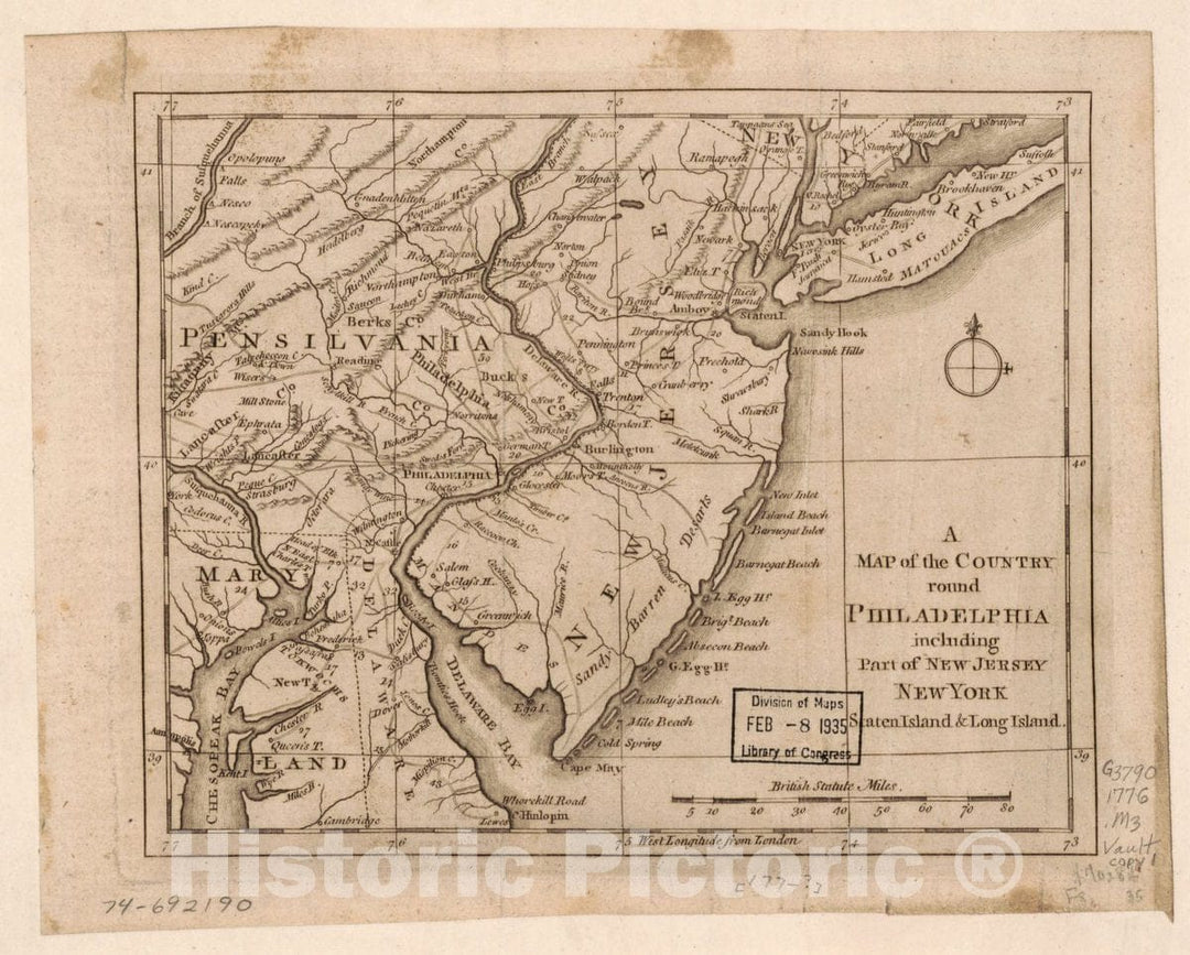 Historic 1776 Map - A Map Of The Country Round Philadelphia : Including Part Of New - Vintage Wall Art