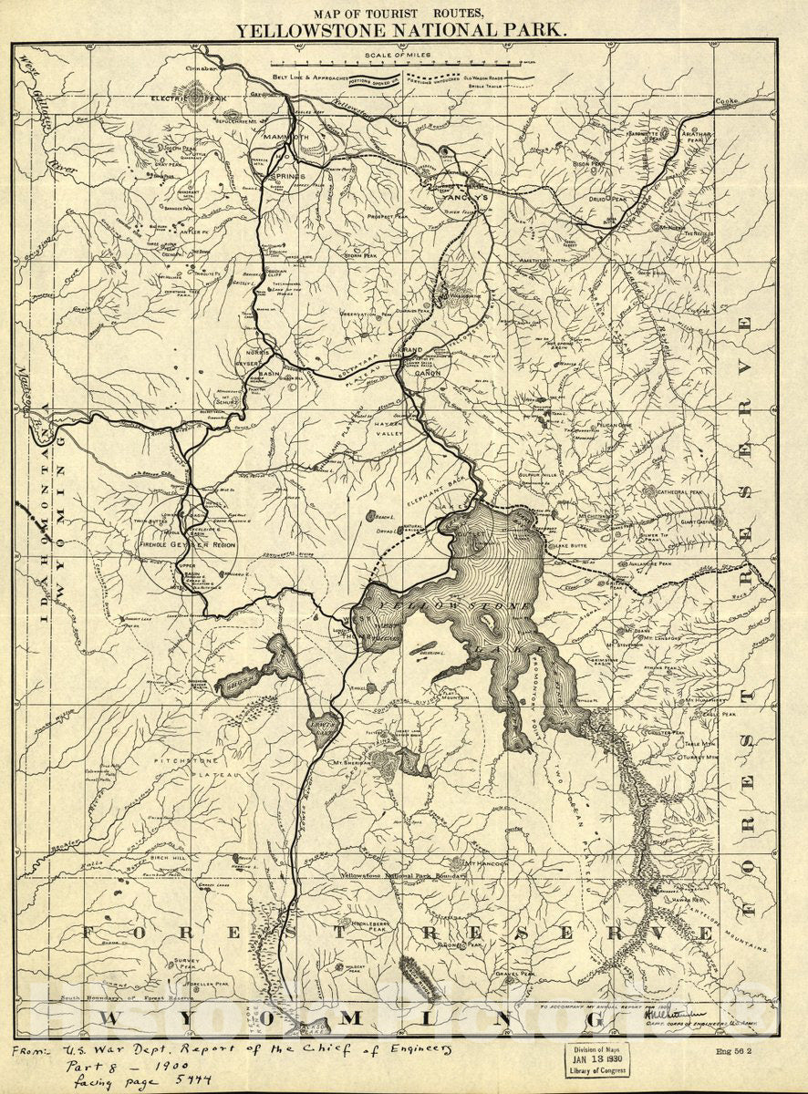 Historic 1900 Map - Map of The Tourist Routes, Yellowstone National Park.