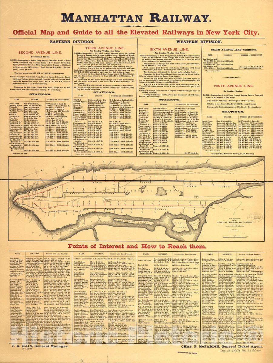 Historic 1881 Map - Map and Guide of The Elevated Railroads of New York City.