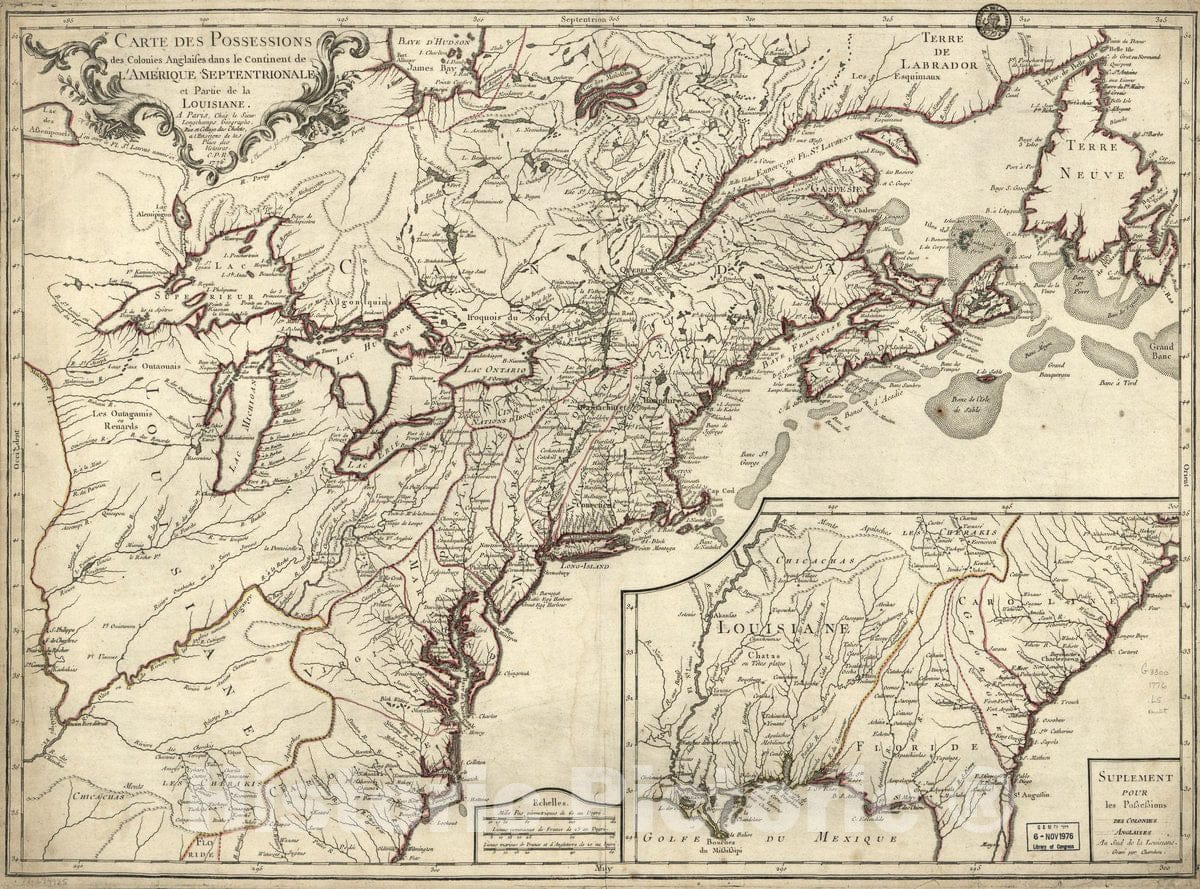 Historic 1776 Map - Carte des Possessions des Colonies Anglaises Dans le Continent de l'AmÃ©rique Septentrionale et Partie de la Louisiane.