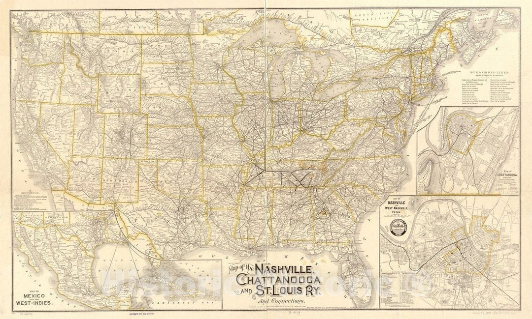 Historic 1889 Map - Map of The Nashville, Chattanooga and St. Louis Ry; and Connections.