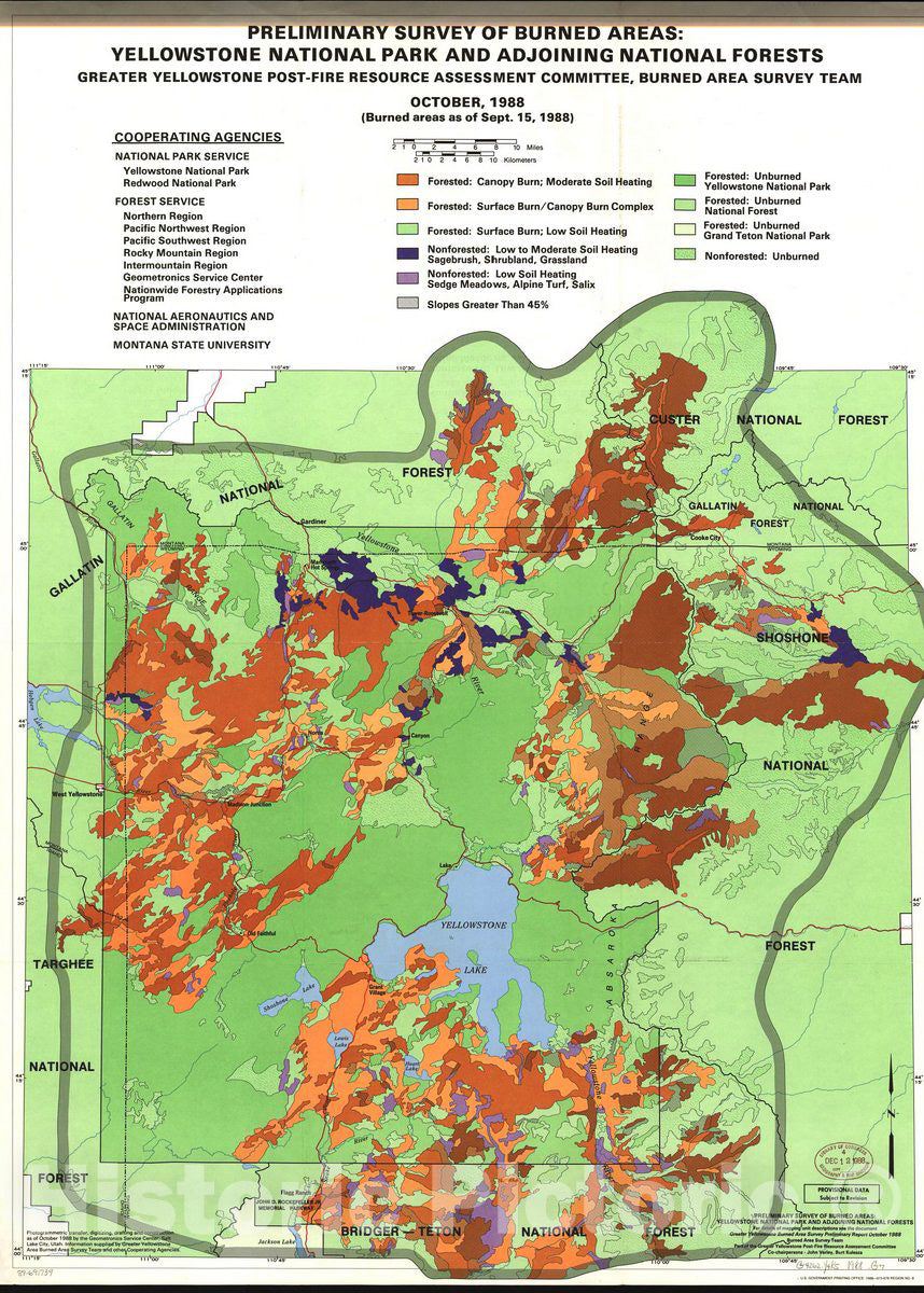 Historic 1988 Map - Preliminary Survey of Burned Areas, Yellowstone National Park and adjoining National Forests : October, 1988 (Burned Areas as of Sept. 15, 1988)