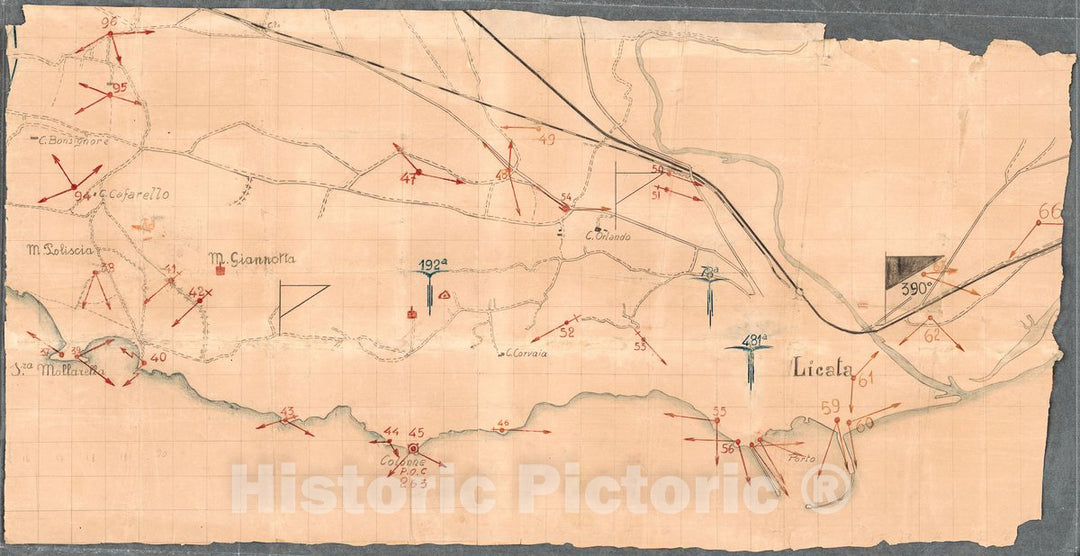 Historic 1943 Map - Manuscript Planning map for The Allied Landing Near Licata,ILY, on July 10, 1943