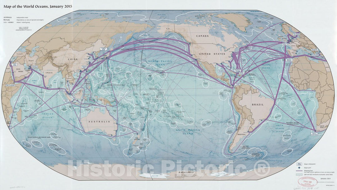 Historic 2015 Map - Map of The World Oceans, January 2015.