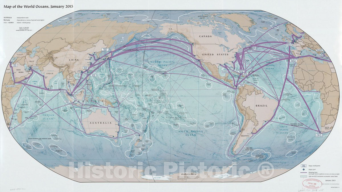 Historic 2015 Map - Map of The World Oceans, January 2015.