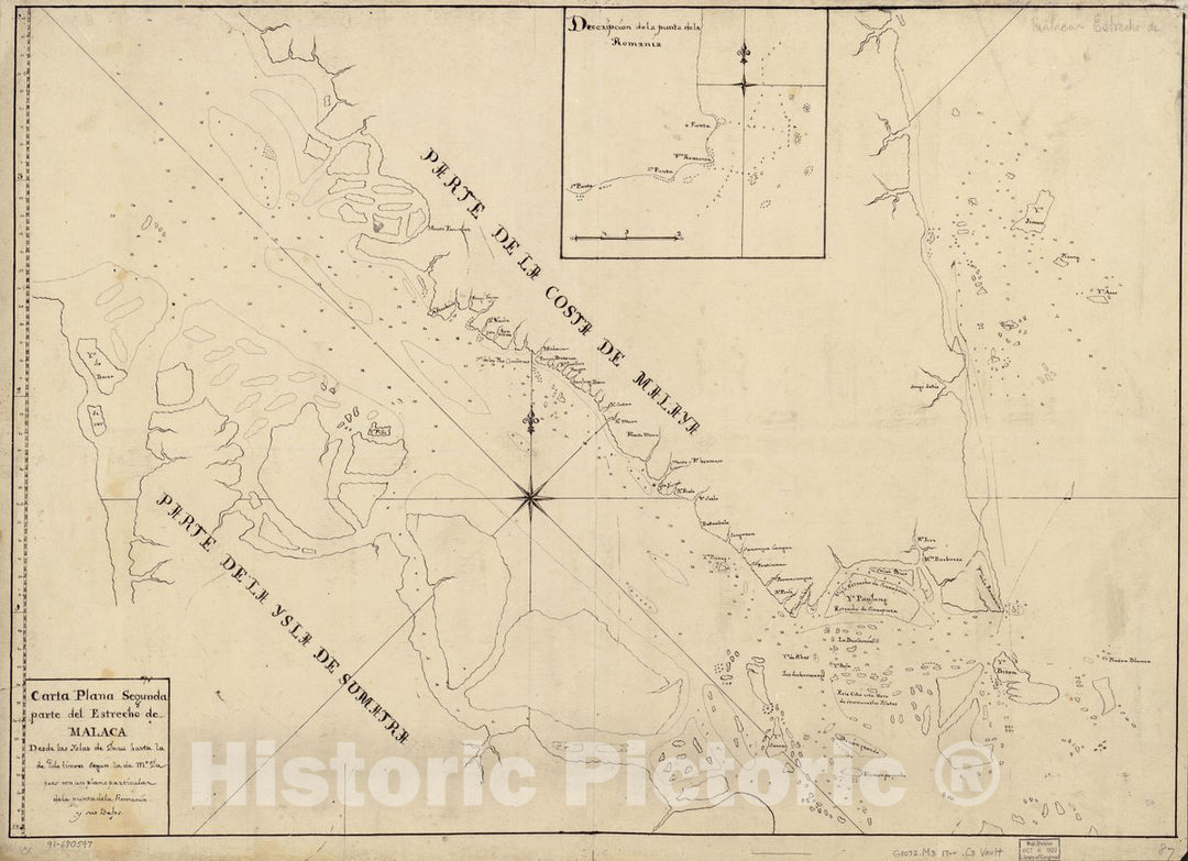 Historic 1700 Map - Carta Plana segunda Parte del Estrecho de Malaca Desde las Yslas de Daru Hasta la de Pulotimon segun la de Mr. Dapres con un Plano Particular de la Punta de la Romania