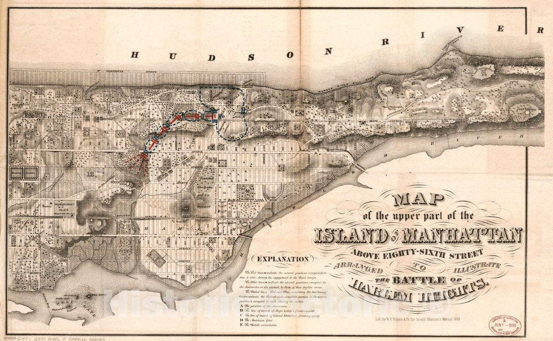 Historic 1776 Map - Map of The Upper Part of The Island of Manhattan Above Eighty-Sixth Street Arranged to illustrate The Battle of Harlem Heights.