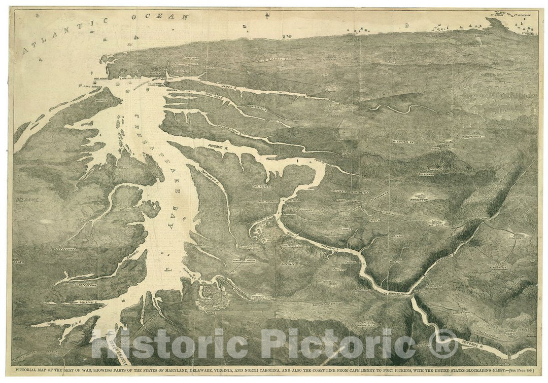 Historic 1861 Map - Pictorial map of The seat of war, Showing Parts of The States of Maryland, Delaware, Virginia, and North Carolina, and Also The Coast line from Cape Henry