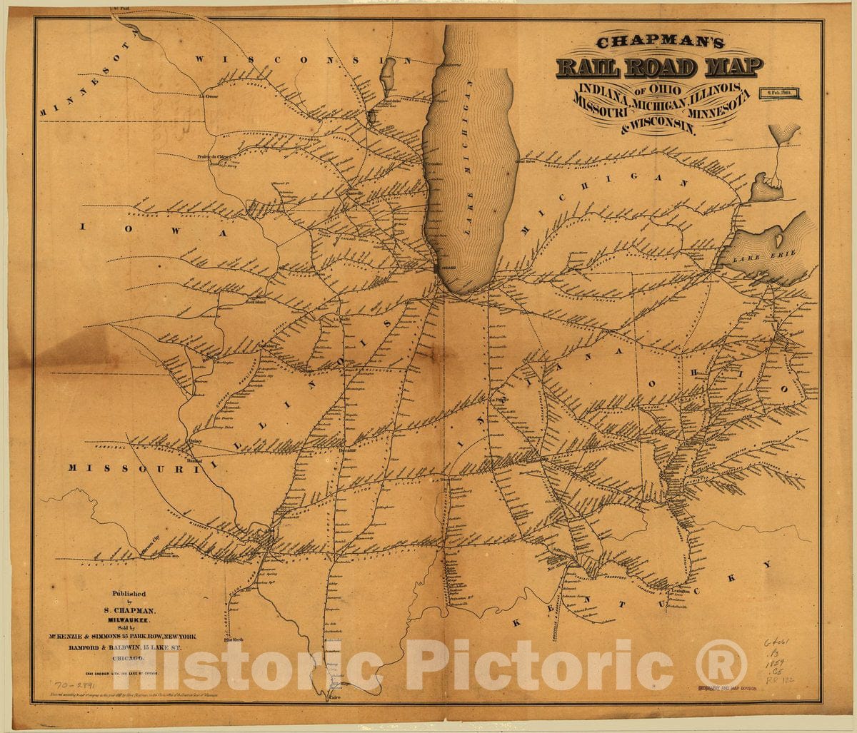 Historic 1859 Map - Chapman's Rail Road map of Ohio, Indiana, Michigan, Illinois, Missouri, Minnesota, Wisconsin.