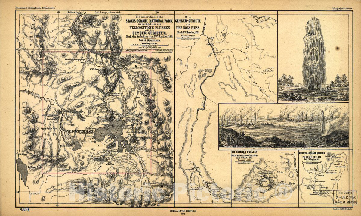 Historic 1871 Map - Die amerikanische Staats-DomÃ¤ne (National Park) im Quellgebiete des Yellowstone Flusses mit den Geyser-Gebieten.