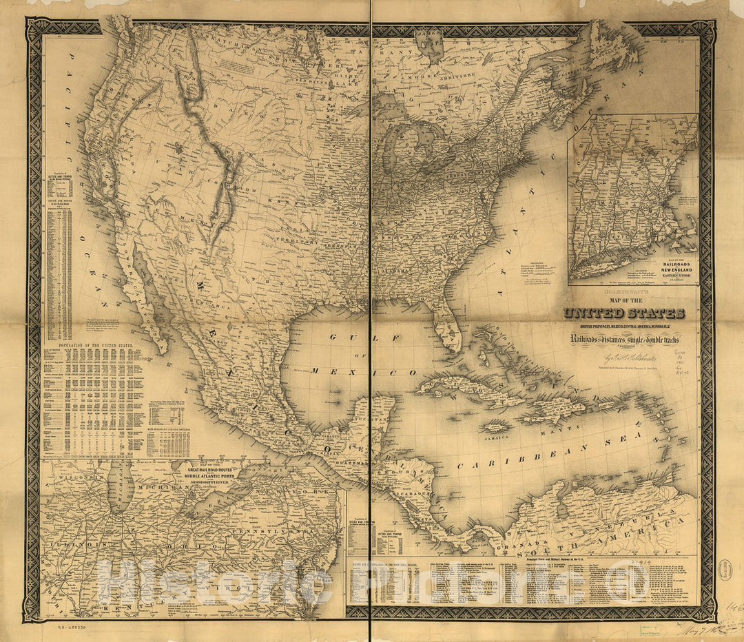 Historic 1861 Map - Goldthwait's map of The United States, British Provinces, Mexico, Central America, W. India is. &c, exhibiting The Railroads with Their Distances