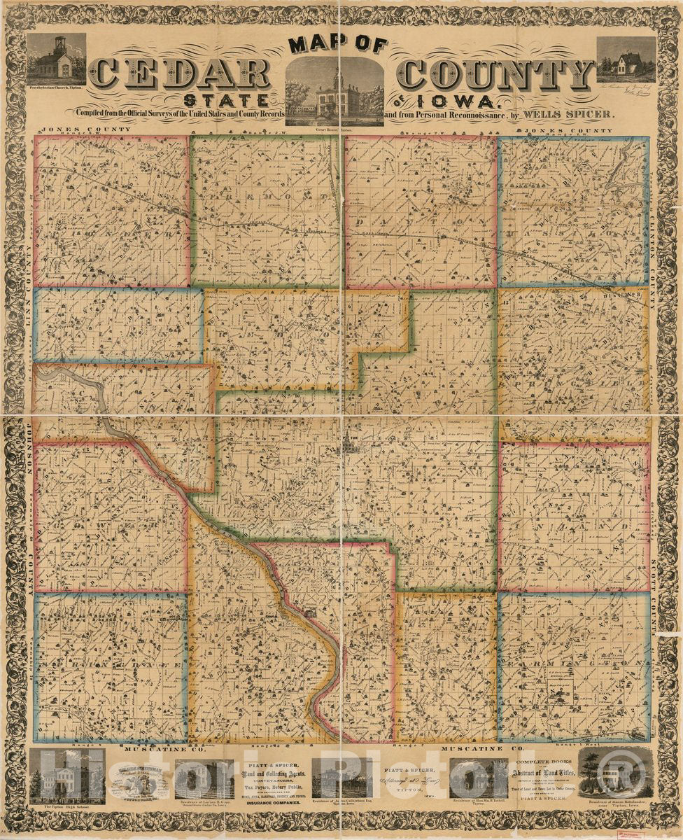 Historic 1863 Map - Map of Cedar County, State of Iowa