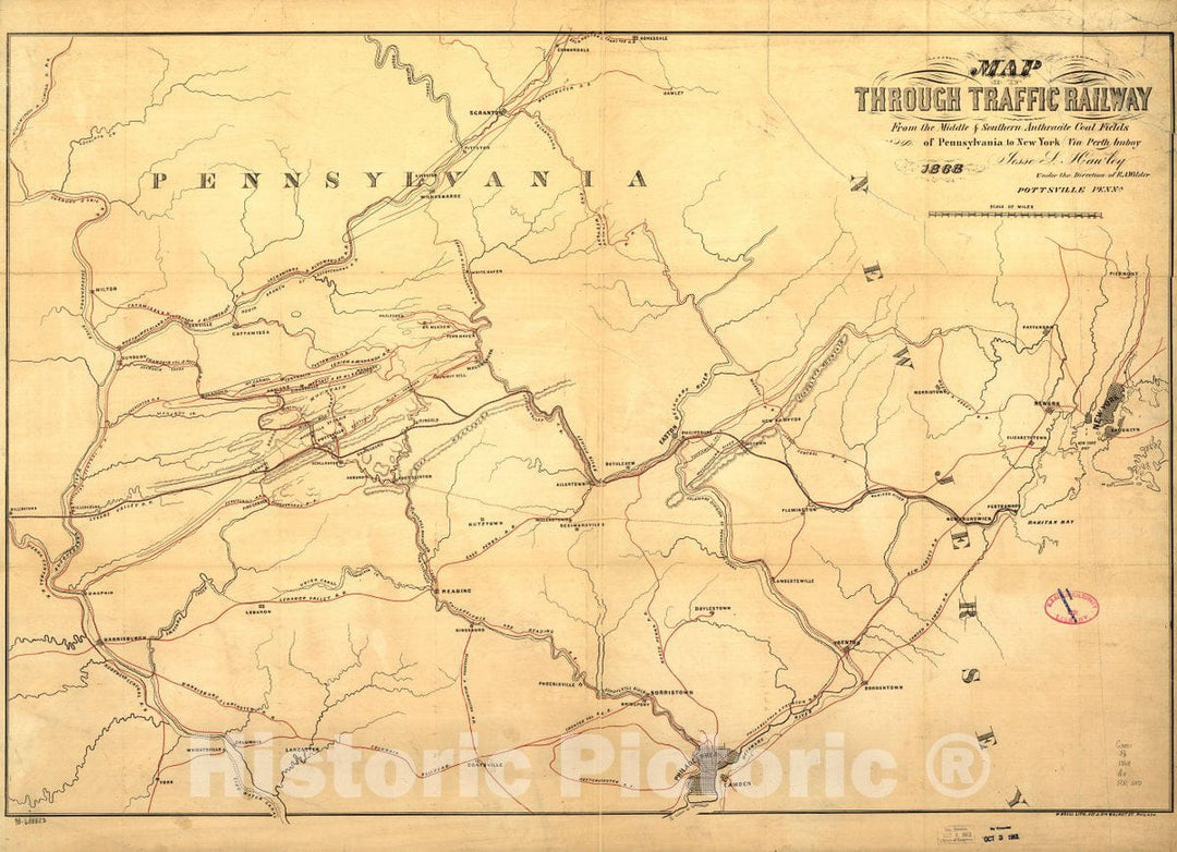 Historic 1868 Map - Map of Through Traffic Railway from The Middle & Southern Anthracite Coal Fields of Pennsylvania to New York via Perth Amboy