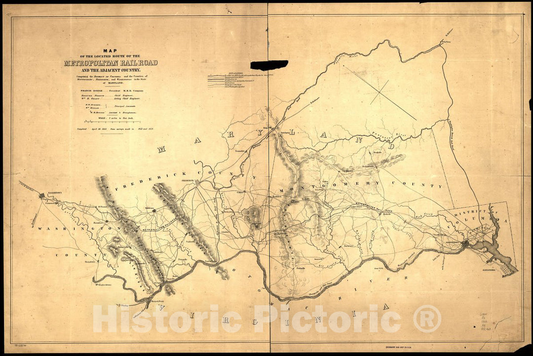 Historic 1855 Map - Map of The Located Route of The Metropolitan Rail Road and The Adjacent Country comprising The District of Columbia