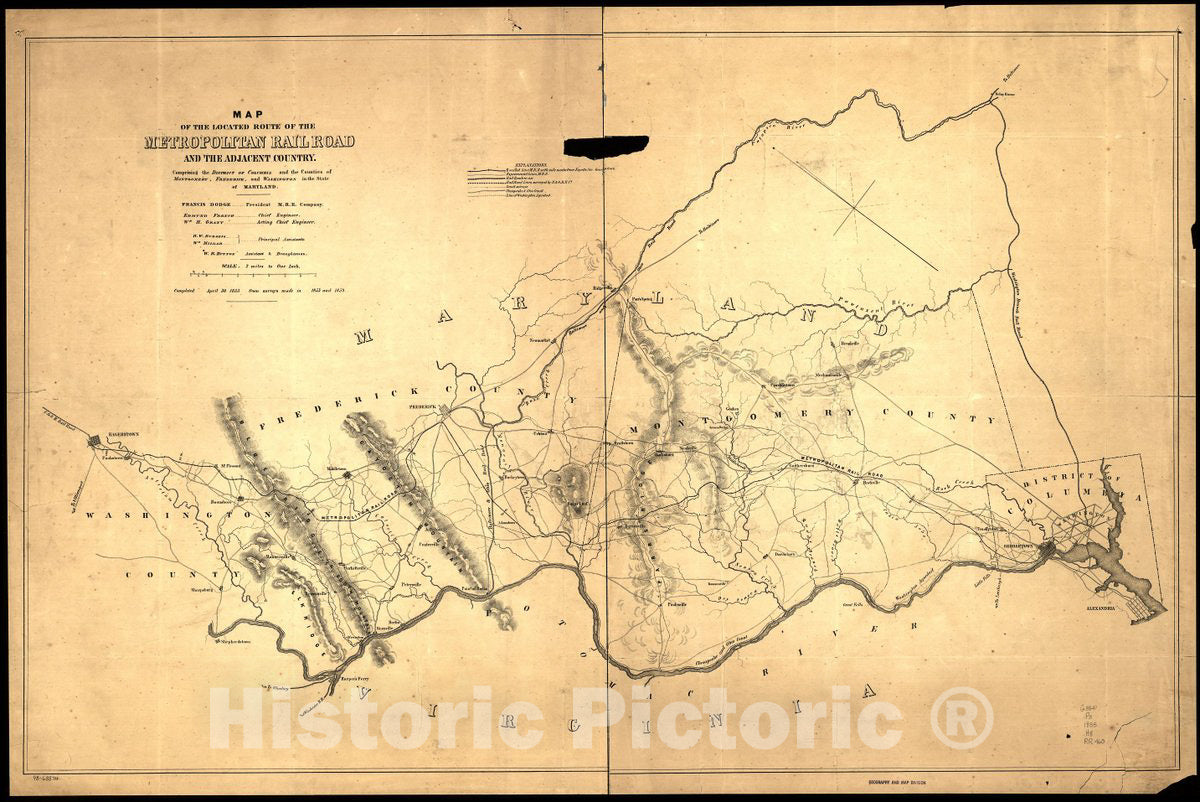 Historic 1855 Map - Map of The Located Route of The Metropolitan Rail Road and The Adjacent Country comprising The District of Columbia