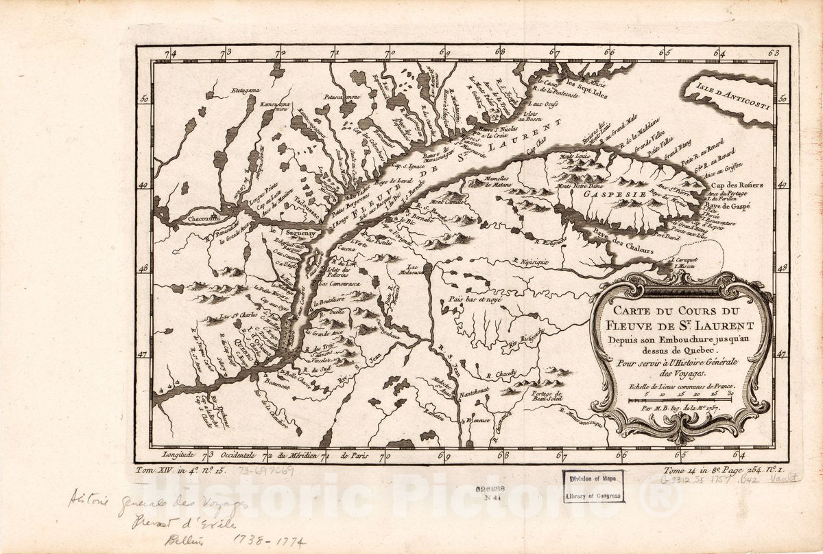 Historic 1757 Map - Carte du Cours du fleuve de St. Laurent Depuis Son Embouchure jusqu'au Dessus de Quebec, Pour servir Ã  l'Histoire gÃ©nÃ©rale des Voyages.