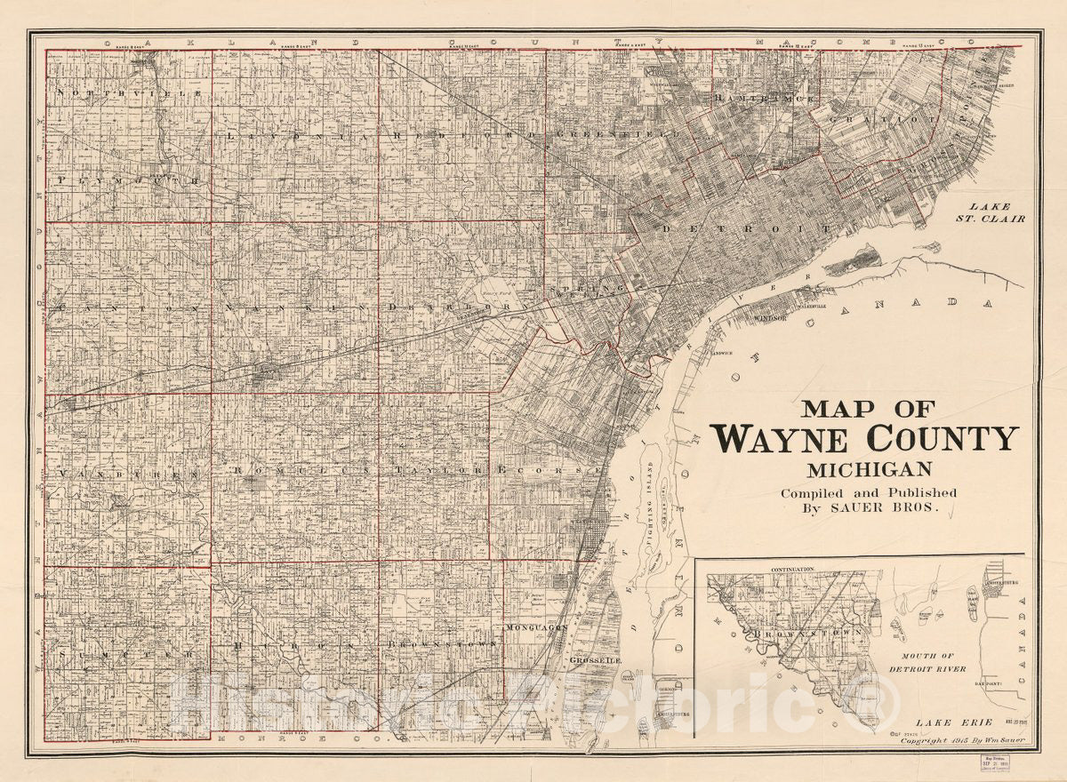 Historic 1915 Map - Map of Wayne County, Michigan