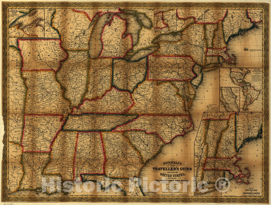 Historic 1853 Map - Mitchell's New traveller's Guide Through The United States, Showing The Rail Roads, canals, Stage Roads with Distances from Place to Place.