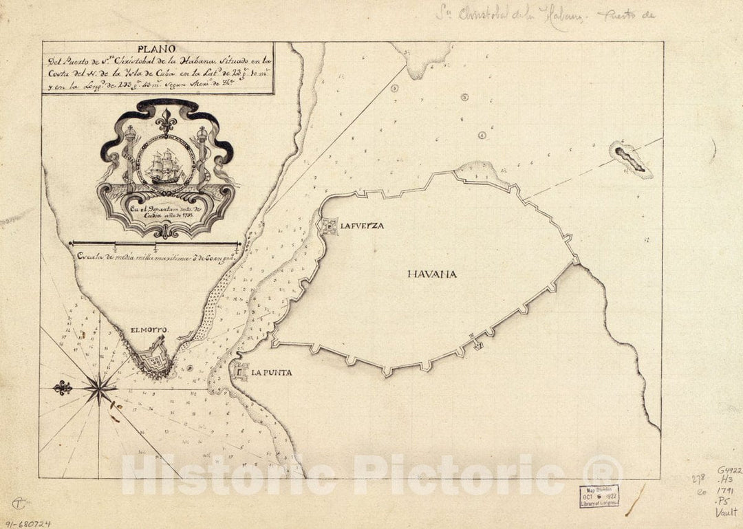 Historic 1791 Map - Plano del Puerto de Sn. Christobal de la Habana situado en la Costa del N. de la ysla de Cuba en la latd. DE 23 gs. 10 ms. y en la longd. de 293 gs. 43 ms.