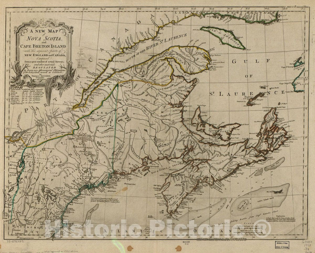 Historic 1775 Map - A New map of Nova Scotia, and Cape Breton Island with The Adjacent Parts of New England and Canada, Composed from a Great Number of Actual surveys