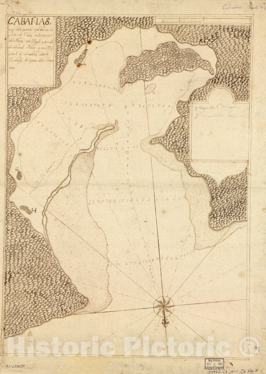 Historic 1700 Map - CabaÃ±as, uno de Los puertos que tiene la yzla de Cuba, en la Costa del Norte en 23 gras. y 4 mins. de latitud Norte y en 292 grs. y 24 ms. de longitud Desde Tenerife