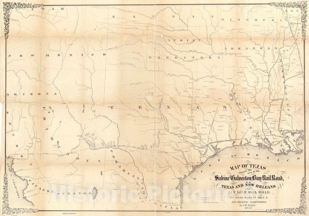 Historic 1859 Map - Map of Texas Showing The Sabine and Galveston Bay Rail Road, or Texas and New Orleans Air Line Rail Line, its Connections in The U.S. and Adjacent Territories.