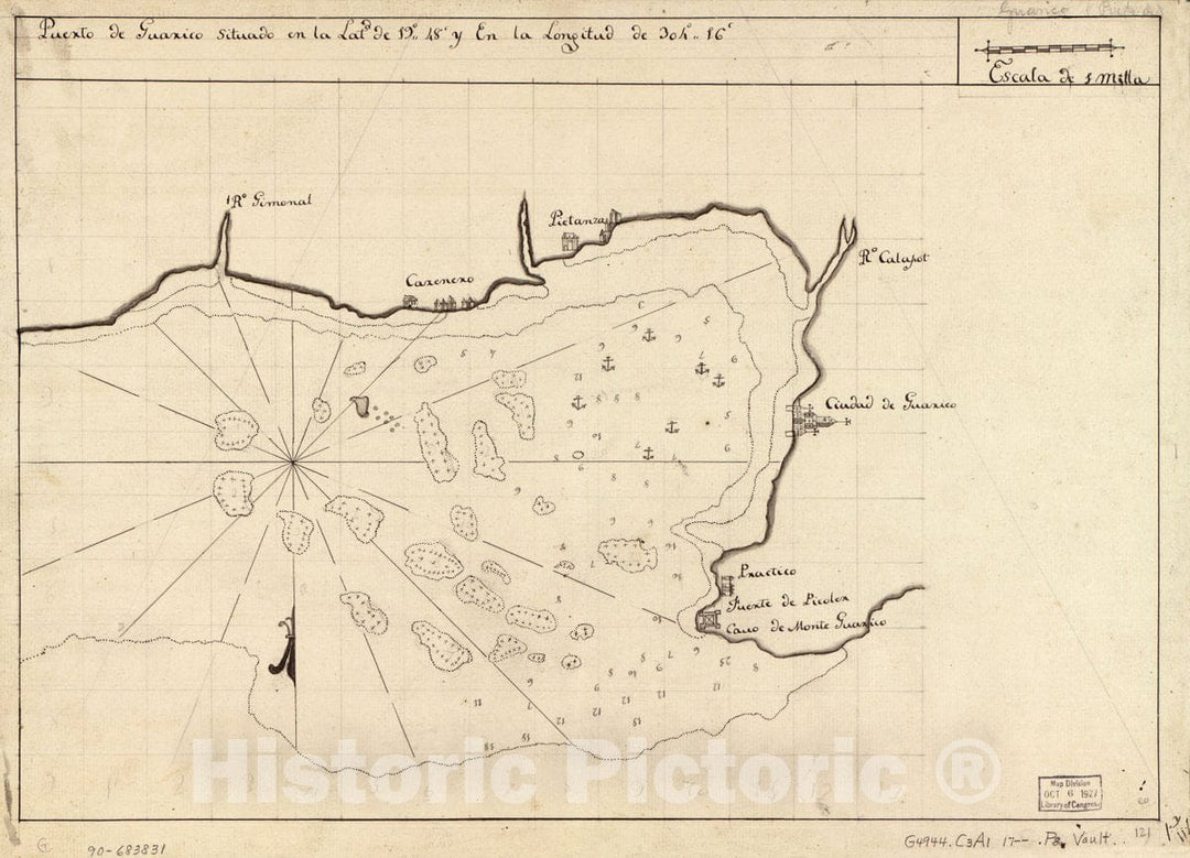 Historic 1700 Map - Puerto de GuÃ¡rico situado en la latd. DE 19Â°48 y en longitud de 304Â°16.