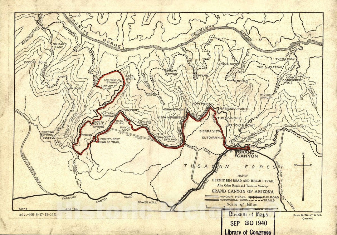 Historic 1915 Map - Map of Hermit Rim Road and Hermit Trail.