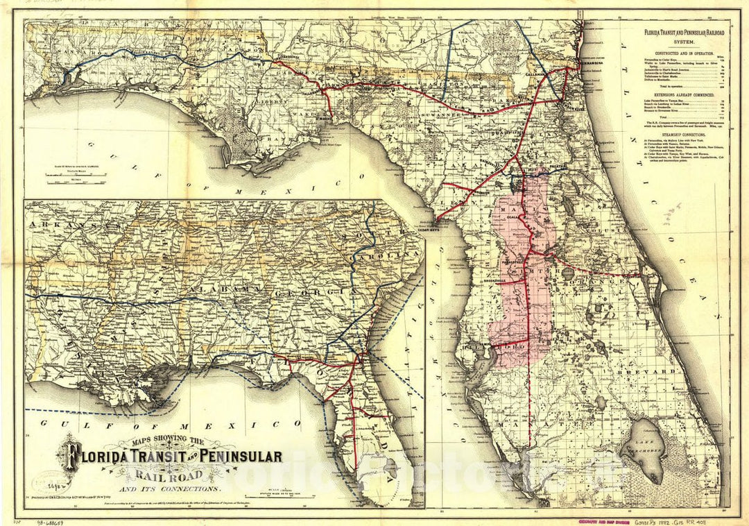 Historic 1882 Map - Maps Showing The Florida Transit and Peninsula Rail Road and its Connections.