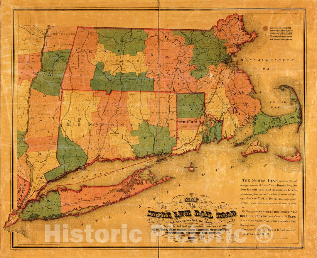 Historic 1860 Map - Map of The Shore Line Rail Road Route Between New York and Boston, Showing its Rail Road and Steamboat Connection with New York, New Haven, New London, Stonington