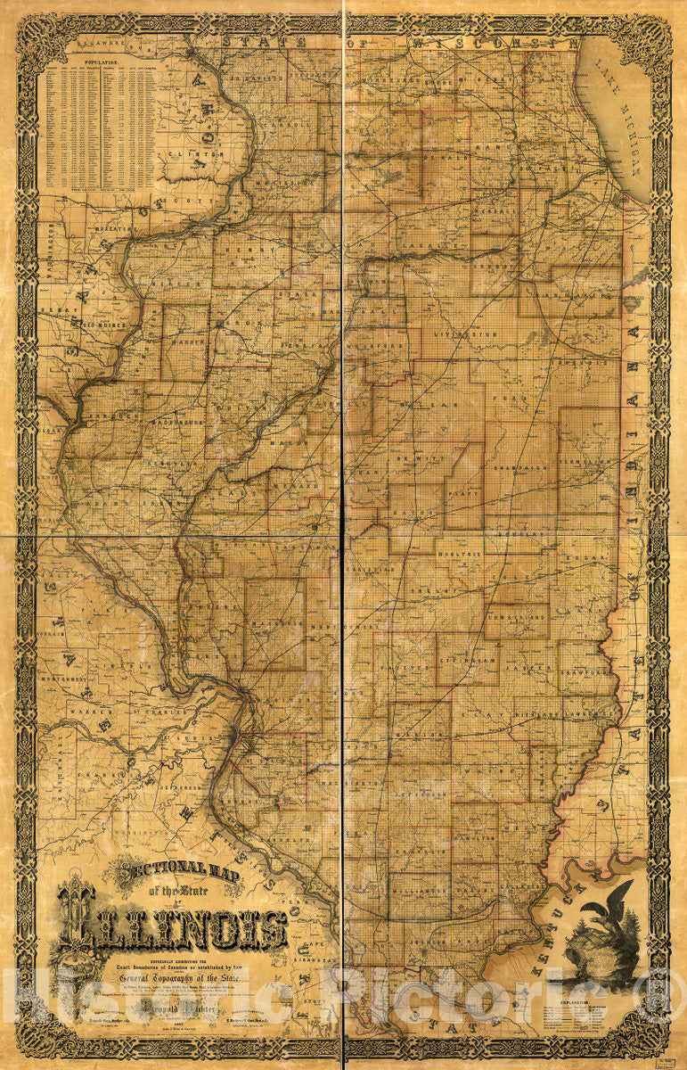 Historic 1861 Map - Sectional map of The State of Illinois : Especially exhibiting The Exact Boundaries of Counties as Established by Law and The General Topography of The State as Towns