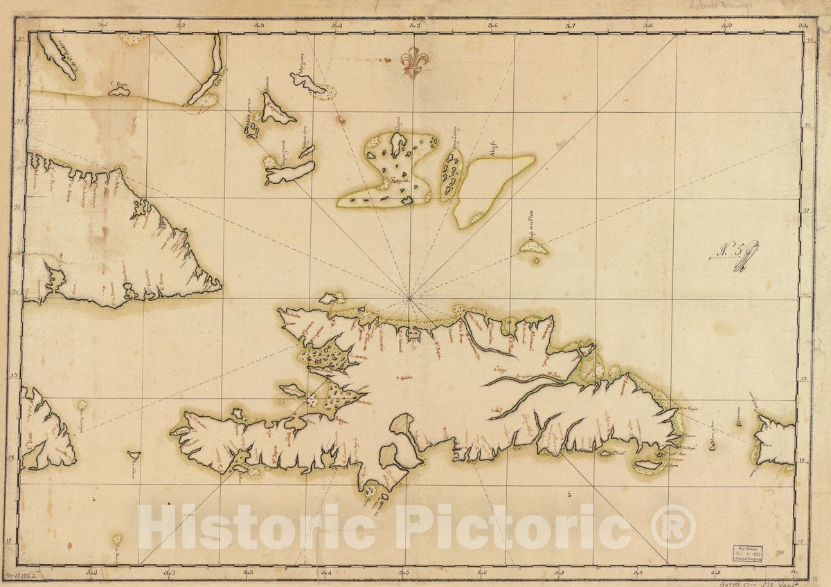 Historic 1700 Map - Map Showing Hispaniola, Eastern portions of Cuba and Jamaica, Western Portion of Puerto Rico, and Other Adjacent Islands