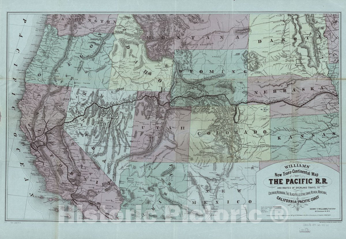 Historic 1877 Map - New Trans-Continental map of The Pacific R.R. and Routes of Overland Travel to Colorado, Nebraska, The Black Hills, Utah, Idaho, Nevada, Montana, California