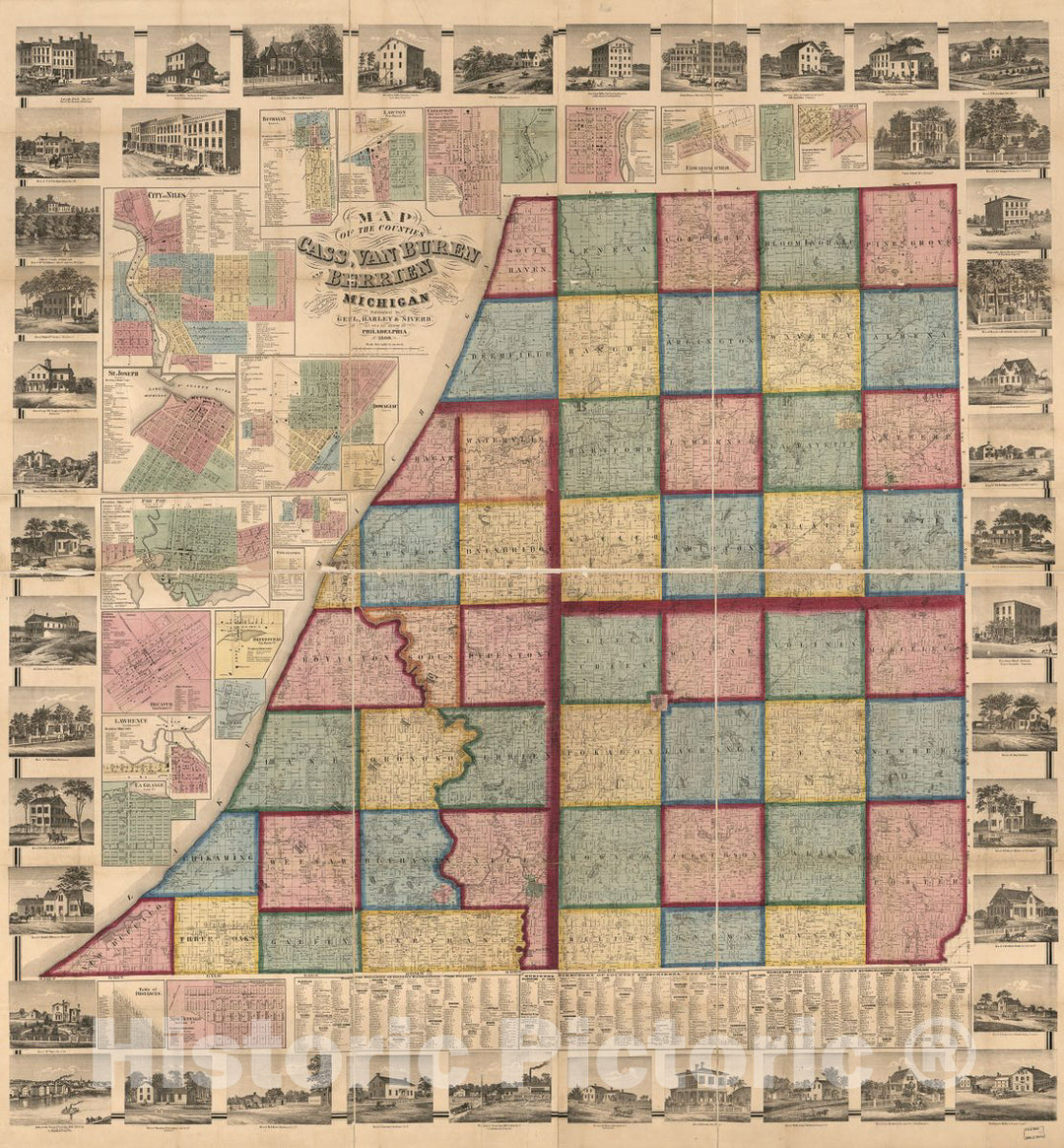 Historic 1859 Map - Map of The Counties of Cass, Van Buren, and Berrien Michigan