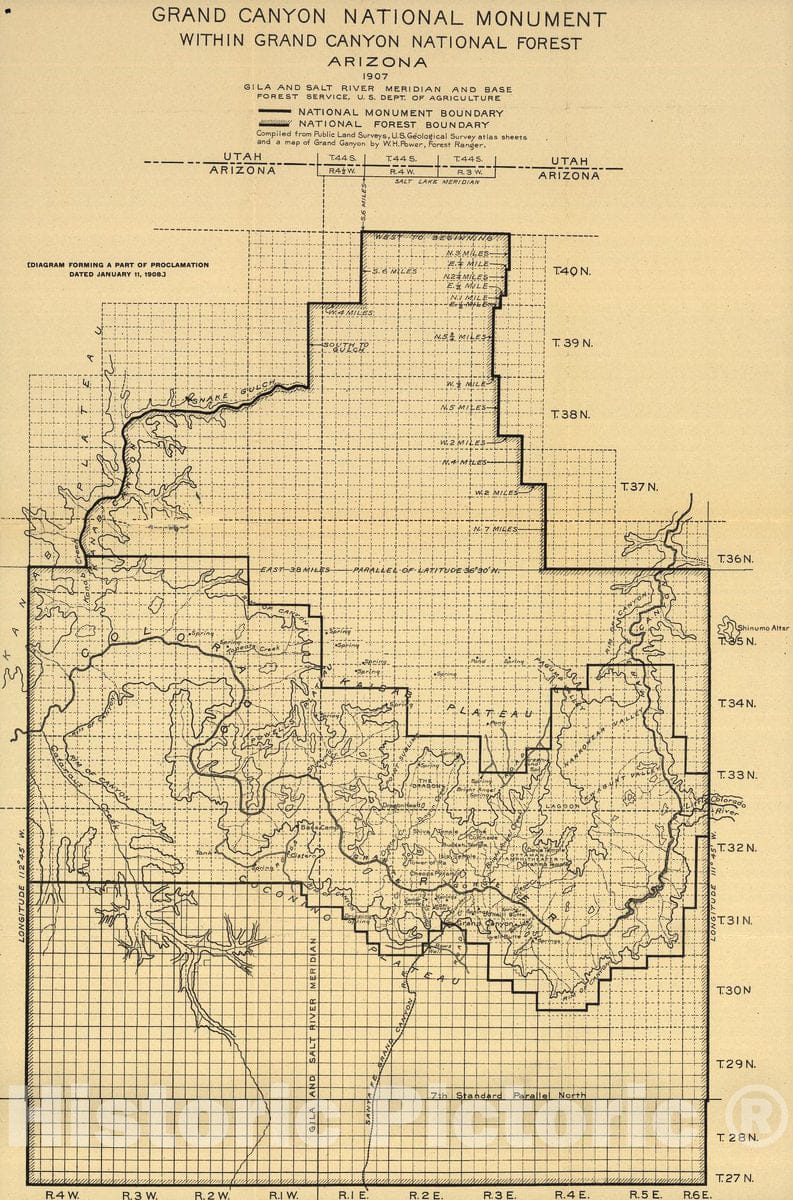 Historic 1908 Map - Grand Canyon National Monument Within Grand Canyon National Forest Arizona.