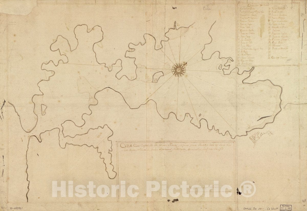 Historic 1799 Map - Cuba, Ciudad capittal de la ysla del mismo nombre y su famoso Puerto sittuado en la Costa del sur de gra. ysla, Los 20 grados y 2 minutos