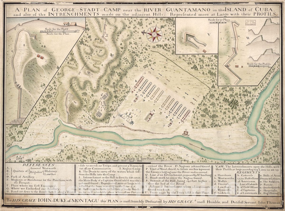 Historic 1741 Map - A Plan of George Stadt Camp Near The River Guantamano in The Island of Cuba and Also of The intrenchments Made on The Adjacent Hills